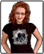 sally mclean modeling the waiting room short sleeved black women's t-shirt