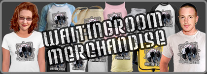 official waiting room merchandise header showing t-shirts and other items for sale with models sally mclean and jay mclean